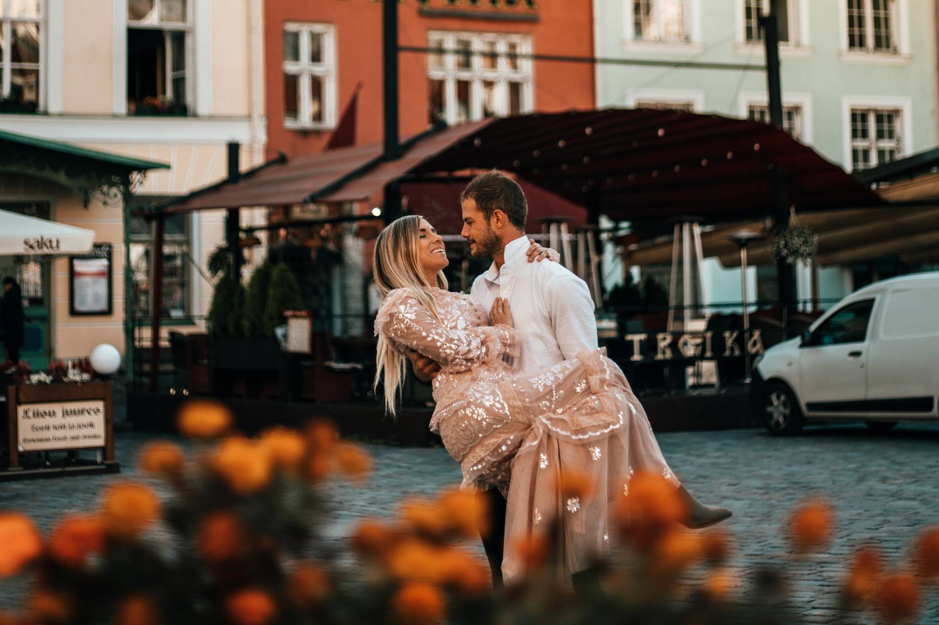 Couple on Town Hall Square in Tallinn